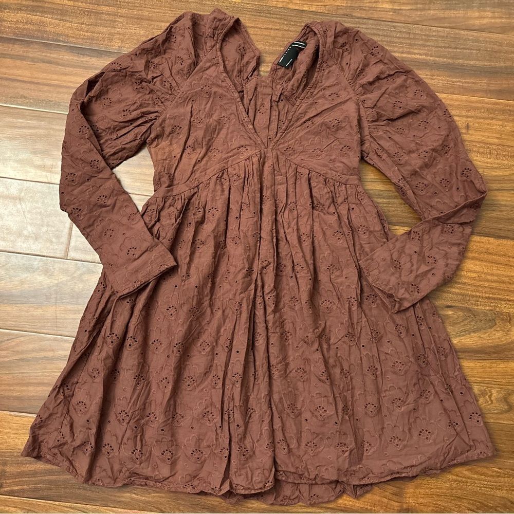 ASOS brown eyelet long sleeve babydoll mini dress